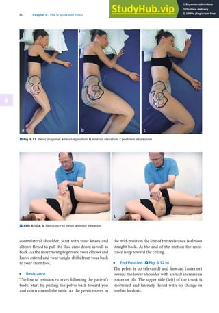 80 Chapter 6 · The Scapula and Pelvis
6
contralateral shoulder. Start with your knees and
elbows flexed to pull the iliac crest down as well as
back. As the movement progresses, your elbows and
knees extend and your weight shifts from your back
to your front foot.
j
Resistance
The line of resistance curves following the patient’s
body. Start by pulling the pelvis back toward you
and down toward the table. As the pelvis moves to
the mid-position the line of the resistance is almost
straight back. At the end of the motion the resis-
tance is up toward the ceiling.
j
End Position (. Fig. 6.12 b)
The pelvis is up (elevated) and forward (anterior)
toward the lower shoulder with a small increase in
posterior tilt. The upper side (left) of the trunk is
shortened and laterally flexed with no change in
lumbar lordosis.
. Abb. 6.12 a, b Resistance to pelvic anterior elevation
. Fig. 6.11 Pelvic diagonal: a neutral position; b anterior elevation; c posterior depression
 