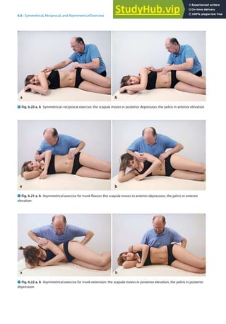 6
87
6.6 · Symmetrical, Reciprocal, and Asymmetrical Exercises
. Fig. 6.20 a, b Symmetrical–reciprocal exercise: the scapula moves in posterior depression, the pelvis in anterior elevation
. Fig. 6.21 a, b Asymmetrical exercise for trunk flexion: the scapula moves in anterior depression, the pelvis in anterior
elevation
. Fig. 6.22 a, b Asymmetrical exercise for trunk extension: the scapula moves in posterior elevation, the pelvis in posterior
depression
a b
 