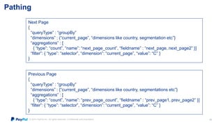 Pathing 
Next Page 
{ 
“queryType” : “groupBy” 
“dimensions” : (“current_page”, “dimensions like country, segmentation etc...