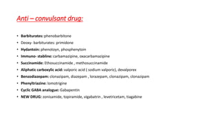 Anti – convulsant drug:
• Barbiturates: phenobarbitone
• Deoxy- barbiturates: primidone
• Hydantoin: phenotoyn, phosphenytoin
• Immuno- stabline: carbamazipine, oxacarbamazipine
• Succinamide: Ethosuccinamide , methosuccinamide
• Aliphatic carboxylic acid: valporic acid ( sodium valporic), devalporex
• Benzodiazepam: clonazipam, diazepam , lorazepam, clonazipam, clonazipam
• Phenyltriazine: lomotrigine
• Cyclic GABA analogue: Gabapentin
• NEW DRUG: zonisamide, topiramide, vigabatrin , levetricetam, tiagabine
 