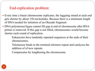 End-replication problem:
 Every time a linear chromosome replicates, the laggaing strand at each end
gets shorter by about 150 nucleotides. Because there is a minimum length
of DNA needed for initiation of an Okazaki fragment.
 DNA polymerase/ligase cannot fill gap at end of chromosome after RNA
primer is removed. If this gap is not filled, chromosomes would become
shorter each round of replication.
Eukaryotes have tandemly repeated sequences at the ends of their
chromosomes.
Telomerase binds to the terminal telomere repeat and catalyzes the
addition of of new repeats.
Compensates by lengthening the chromosome.
52
 