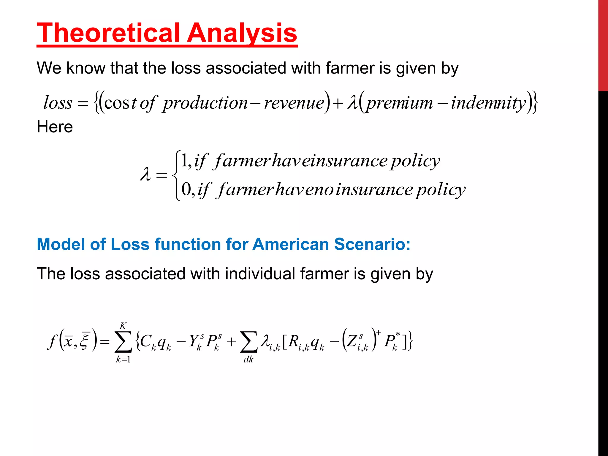 Theoretical Analysis
We know that the loss associated with farmer is given by
Here
Model of Loss function for American Scenario:
The loss associated with individual farmer is given by
    indemnitypremiumrevenueproductionoftloss  cos




policyinsurancenohavefarmerif
policyinsurancehavefarmerif
,0
,1

     ][, *
,,,
1




dk
k
s
kikkiki
s
k
s
kk
K
k
k PZqRPYqCxf 
 