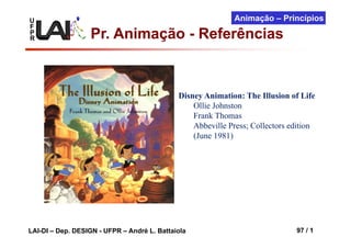 U
F
P
R

Animação – Princípios

Pr. Animação - Referências

Disney Animation: The Illusion of Life
Ollie Johnston
Frank Thomas
Abbeville Press; Collectors edition
(June 1981)

LAI-DI – Dep. DESIGN - UFPR – André L. Battaiola

97 / 1

 