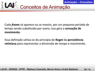 U 
F 
P 
R 
LAI-DI –DESIGN -UFPR –MatheusCezarotto, Marcia Alves e André Battaiola 
65 / 12 
Animação –Conceitos 
Cada framesó aparece ou se mostra, por um pequeno período de tempo sendo substituído por outro, isso gera a sensação de movimento. 
Essa definição utiliza-se do princípio de Rogetda persistência retiniana para representar a dimensão de tempo e movimento. 
Conceitos de Animação  