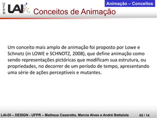 U 
F 
P 
R 
LAI-DI –DESIGN -UFPR –MatheusCezarotto, Marcia Alves e André Battaiola 
65 / 14 
Animação –Conceitos 
Um conceito mais amplo de animação foi proposto por Lowe e Schnotz (inLOWE e SCHNOTZ, 2008), que define animação como sendo representações pictóricas que modificam sua estrutura, ou propriedades, no decorrer de um período de tempo, apresentando uma série de ações perceptíveis e mutantes. 
Conceitos de Animação  
