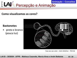 U 
F 
P 
R 
LAI-DI –DESIGN -UFPR –MatheusCezarotto, Marcia Alves e André Battaiola 
65 / 29 
Animação –Conceitos 
Percepção e Animação 
Bastonetes 
•preto e branco (pouca luz) 
Como visualizamos as cores? 
how we see color -Colm Kelleher -TED-Ed  