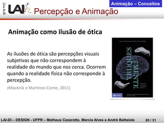 U 
F 
P 
R 
LAI-DI –DESIGN -UFPR –MatheusCezarotto, Marcia Alves e André Battaiola 
65 / 31 
Animação –Conceitos 
Animação como ilusão de ótica 
(Macknik e Martinez-Conte, 2011) 
As ilusões de ótica são percepções visuais subjetivas que não correspondem à realidade do mundo que nos cerca. Ocorrem quando a realidade física não corresponde à percepção. 
Percepção e Animação  