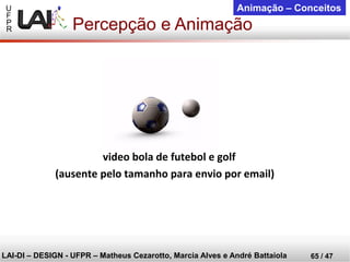 U 
F 
P 
R 
LAI-DI –DESIGN -UFPR –MatheusCezarotto, Marcia Alves e André Battaiola 
65 / 47 
Animação –Conceitos 
Percepção e Animação 
video bola de futebol e golf 
(ausente pelo tamanho para envio por email)  