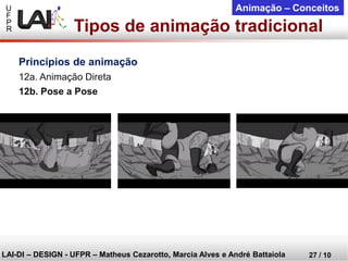 U 
F 
P 
R 
LAI-DI –DESIGN -UFPR –MatheusCezarotto, Marcia Alves e André Battaiola 
27 / 10 
Animação –Conceitos 
Tipos de animação tradicional 
Princípios de animação 
12a. Animação Direta 
12b. Pose a Pose  