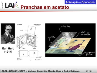 U 
F 
P 
R 
LAI-DI –DESIGN -UFPR –MatheusCezarotto, Marcia Alves e André Battaiola 
27 / 21 
Animação –Conceitos 
Earl Hurd 
(1914) 
Pranchas em acetato  