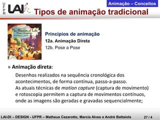 U 
F 
P 
R 
LAI-DI –DESIGN -UFPR –MatheusCezarotto, Marcia Alves e André Battaiola 
27 / 4 
Animação –Conceitos 
»Animação direta: 
Desenhos realizados na sequência cronológica dos acontecimentos, de forma contínua, passo-a-passo. As atuais técnicas de motion capture(captura de movimento) e rotoscopia permitem a captura de movimentos contínuos, onde as imagens são geradas e gravadas sequencialmente; 
Tipos de animação tradicional 
Princípios de animação 
12a. Animação Direta 
12b. Pose a Pose  