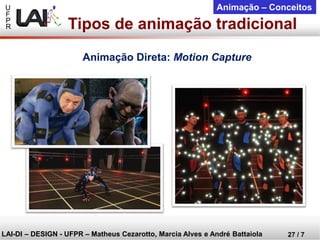 U 
F 
P 
R 
LAI-DI –DESIGN -UFPR –MatheusCezarotto, Marcia Alves e André Battaiola 
27 / 7 
Animação –Conceitos 
Tipos de animação tradicional 
Animação Direta: Motion Capture  