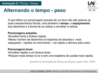LAI-DI | DESIGN | UFPR • MatheusCezarotto, Marcia Alves e André Battaiola 
Animação II | Timing • Tempo 
29| 18 
Alternando o tempo -peso 
O que difere um personagem pesado de um leve não são apenas as suas características físicas, mas também o tempo, o espaçamentodos desenhos e a forma de se utilizar o encolher e esticar. 
Personagens pesados: 
•Encolher lento e Esticar rápido. 
•Menor número de desenhos na trajetória de descida e mais espaçados -rapidez no movimento –cai rápido e demora para subir. 
Personagens leves: 
•Encolher rápido e um Esticar lento. 
•Passam mais tempo no ar e tem uma trajetória de subida mais rápida. 
Apostila de Animação de Eliseu de Souza Lopes Filho, 2005  
