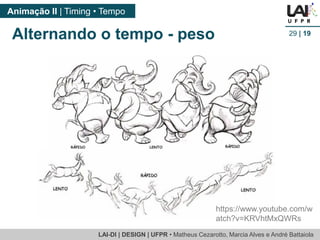 LAI-DI | DESIGN | UFPR • MatheusCezarotto, Marcia Alves e André Battaiola 
Animação II | Timing • Tempo 
29| 19 
Alternando o tempo -peso 
https://www.youtube.com/watch?v=KRVhtMxQWRs  
