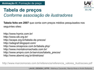 LAI-DI | DESIGN | UFPR • MatheusCezarotto, Marcia Alves e André Battaiola 
Animação II | Formação de preço 
30| 12 
Tabela de preços 
Conforme associação de ilustradores 
http://www.marciomorais.com.br/referencia/referencia_valores_ilustracoes.pdf 
Tabela feito em 2007que conta com preços médios pesquisados nos seguintes sites: 
http://www.hqmix.com.br/ 
http://www.sib.org.br/ 
http://acape.org.br/tabela‐de‐precos/ 
http://adegraf.blogspot.com/ 
http://www.sinaproce.com.br/tabela.php/ 
http://www.montalvomachado.com.br/ 
http://www.ampro.com.br/servicos/tabela_precos/ 
http://www.abemd.org.br/diretrizes/  