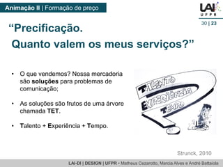 LAI-DI | DESIGN | UFPR • MatheusCezarotto, Marcia Alves e André Battaiola 
Animação II | Formação de preço 
30| 23 
•O que vendemos? Nossa mercadoria são soluçõespara problemas de comunicação; 
•As soluções são frutos de uma árvore chamada TET. 
•Talento + Experiência + Tempo. 
Strunck, 2010 
“Precificação. 
Quanto valem os meus serviços?”  