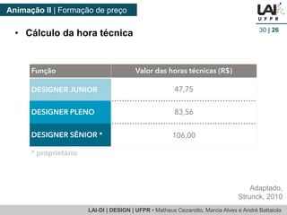 LAI-DI | DESIGN | UFPR • MatheusCezarotto, Marcia Alves e André Battaiola 
Animação II | Formação de preço 
30| 26 
•Cálculo da hora técnica 
Adaptado, 
Strunck, 2010  