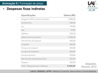 LAI-DI | DESIGN | UFPR • Matheus Cezarotto, Marcia Alves e André Battaiola 
Animação II | Formação de preço 
30 | 27 • Despesas fixas indiretas 
Adaptado, 
Strunck, 2010 
 
