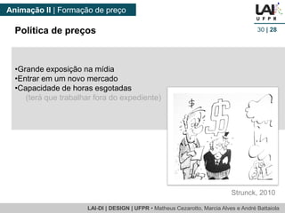 LAI-DI | DESIGN | UFPR • MatheusCezarotto, Marcia Alves e André Battaiola 
Animação II | Formação de preço 
30| 28 
Política de preços 
•Grande exposição na mídia 
•Entrar em um novo mercado 
•Capacidade de horas esgotadas 
(terá que trabalhar fora do expediente) 
Strunck, 2010  
