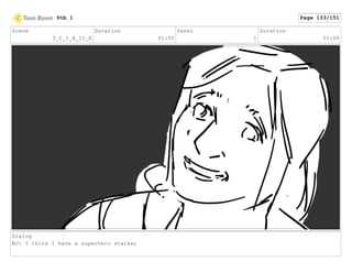 Scene
3_C_1_A_11_E
Duration
01:00
Panel
1
Duration
01:00
Dialog
MJ: I think I have a superhero stalker
Stb 1 Page 133/151
 
