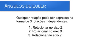 ÂNGULOS DE EULER
1. Rotacionar no eixo Z
2. Rotacionar no eixo X
3. Rotacionar no eixo Z
Qualquer rotação pode ser expressa na
forma de 3 rotações independentes:
 