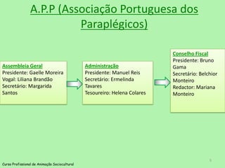 A.P.P (Associação Portuguesa dos Paraplégicos)Conselho FiscalPresidente: Bruno GamaSecretário: Belchior MonteiroRedactor: Mariana MonteiroAssembleia GeralPresidente: Gaelle MoreiraVogal: Liliana BrandãoSecretário: Margarida SantosAdministraçãoPresidente: Manuel ReisSecretário: Ermelinda TavaresTesoureiro: Helena ColaresCurso Profissional de Animação Sociocultural25