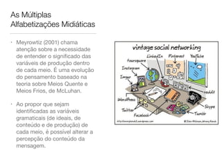 As Múltiplas
Alfabetizações Midiáticas
• Meyrowtiz (2001) chama
atenção sobre a necessidade
de entender o signiﬁcado das
variáveis de produção dentro
de cada meio. É uma evolução
do pensamento baseado na
teoria sobre Meios Quente e
Meios Frios, de McLuhan.

• Ao propor que sejam
identiﬁcadas as variáveis
gramaticais (de ideais, de
conteúdo e de produção) de
cada meio, é possível alterar a
percepção do conteúdo da
mensagem.
 