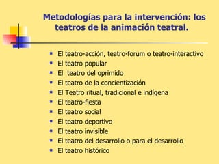 Metodologías para la intervención: los teatros de la animación teatral.     El teatro-acción, teatro-forum o teatro-interactivo El teatro popular  El  teatro del oprimido   El teatro de la concientización   El  Teatro ritual, tradicional e indígena   El teatro-fiesta   El teatro social  El teatro deportivo  El teatro invisible  El teatro del desarrollo o para el desarrollo   El teatro histórico   