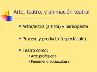 Arte, teatro, y animación teatral   Actor/actriz (artista) y participante Proceso y producto (espectáculo) Teatro como: Arte profesional Fenómeno sociocultural 