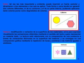 Color: tal vez las más importante y evidente, puede imprimir un fuerte carácter y
dinamismo a los elementos a los que se aplica. Toda forma o zona tendrá en general
dos colores diferentes, el de su contorno y el de su parte interna, pudiendo aplicarse
tanto colores puros como degradados de colores.




Textura: modificación o variación de la superficie de los materiales, sirve para expresar
visualmente las sensaciones obtenidas mediante el sentido del tacto o para representar
un material dado. La textura está relacionada con la composición de una sustancia a
través de variaciones diminutas en la superficie del material, y se consigue en una
composición gráfica mediante la repetición de luces y sombras o de motivos iguales o
similares.




                                                                                     5
 