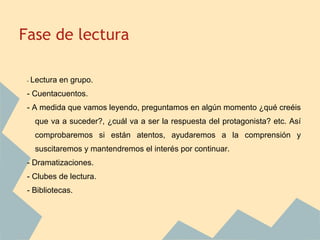 Fase de lectura

    -   Lectura en grupo.
    - Cuentacuentos.
    - A medida que vamos leyendo, preguntamos en algún momento ¿qué creéis
         que va a suceder?, ¿cuál va a ser la respuesta del protagonista? etc. Así
         comprobaremos si están atentos, ayudaremos a la comprensión y
         suscitaremos y mantendremos el interés por continuar.
    - Dramatizaciones.
    - Clubes de lectura.
    - Bibliotecas.

 
 