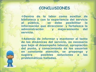 CONCLUSIONES

Dentro de la       labor como auxiliar de
biblioteca y con   la experiencia del servicio
al público,        se debe posibilitar la
información que    direccione y fortalezca la
administración        y   mejoramiento     del
servicio.

Además de informar y mantener al tanto
de las dinámicas del servicio, es necesario
que bajo el desempeño laboral, apropiación
del punto, y conocimiento de los usuarios
en constante atención, se proponga y
sugiera      posibles   soluciones  a   las
problemáticas halladas.
 
