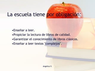La escuela tiene por obligación: Enseñar a leer. Propiciar la lectura de libros de calidad.  Garantizar el conocimiento de libros clásicos. Enseñar a leer textos "complejos".  