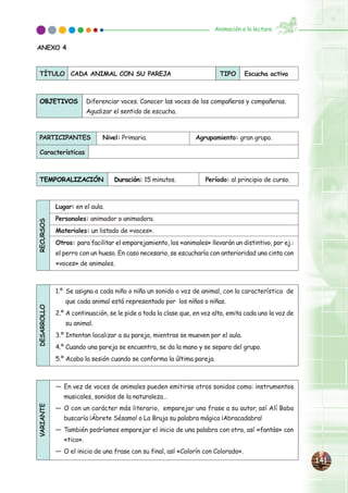 ANEXO 4
141141
Animación a la lectura
TÍTULO CADA ANIMAL CON SU PAREJA TIPO Escucha activa
OBJETIVOS Diferenciar voces. Conocer las voces de los compañeros y compañeras.
Agudizar el sentido de escucha.
PARTICIPANTES Nivel: Primaria. Agrupamiento: gran grupo.
Características
TEMPORALIZACIÓN Duración: 15 minutos. Período: al principio de curso.
Lugar: en el aula.
Personales: animador o animadora.
Materiales: un listado de «voces».
Otros: para facilitar el emparejamiento, los «animales» llevarán un distintivo, por ej.:
el perro con un hueso. En caso necesario, se escucharía con anterioridad una cinta con
«voces» de animales.
RECURSOS
1.º Se asigna a cada niño o niña un sonido o voz de animal, con la característica de
que cada animal está representado por los niños o niñas.
2.º A continuación, se le pide a toda la clase que, en voz alta, emita cada uno la voz de
su animal.
3.º Intentan localizar a su pareja, mientras se mueven por el aula.
4.º Cuando una pareja se encuentra, se da la mano y se separa del grupo.
5.º Acaba la sesión cuando se conforma la última pareja.
DESARROLLO
— En vez de voces de animales pueden emitirse otros sonidos como: instrumentos
musicales, sonidos de la naturaleza…
— O con un carácter más literario, emparejar una frase a su autor, así Alí Baba
buscaría ¡Ábrete Sésamo! o La Bruja su palabra mágica ¡Abracadabra!
— También podríamos emparejar el inicio de una palabra con otra, así «fantás» con
«tico».
— O el inicio de una frase con su final, así «Colorín con Colorado».
VARIANTE
 