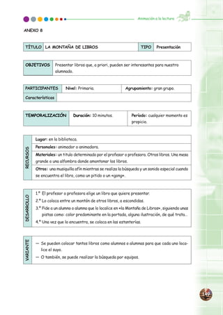 ANEXO 8
149149
Animación a la lectura
TÍTULO LA MONTAÑA DE LIBROS TIPO Presentación
OBJETIVOS Presentar libros que, a priori, pueden ser interesantes para nuestro
alumnado.
PARTICIPANTES Nivel: Primaria. Agrupamiento: gran grupo.
Características
TEMPORALIZACIÓN Duración: 10 minutos. Período: cualquier momento es
propicio.
Lugar: en la biblioteca.
Personales: animador o animadora.
Materiales: un titulo determinado por el profesor o profesora. Otros libros. Una mesa
grande o una alfombra donde amontonar los libros.
Otros: una musiquilla afín mientras se realiza la búsqueda y un sonido especial cuando
se encuentra el libro, como un pitido o un «gong».
RECURSOS
1.º El profesor o profesora elige un libro que quiere presentar.
2.º Lo coloca entre un montón de otros libros, a escondidas.
3.º Pide a un alumno o alumna que lo localice en «la Montaña de Libros», siguiendo unas
pistas como: color predominante en la portada, alguna ilustración, de qué trata…
4.º Una vez que lo encuentra, se coloca en las estanterías.
DESARROLLO
— Se pueden colocar tantos libros como alumnos o alumnas para que cada uno loca-
lice el suyo.
— O también, se puede realizar la búsqueda por equipos.
VARIANTE
 