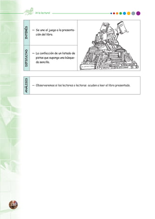 150150
¡A la lectura!
— Se une el juego a la presenta-
ción del libro.
— La confección de un listado de
pistas que suponga una búsque-
da sencilla.
INTERÉSDIFICULTAD
— Observaremos si los lectores o lectoras acuden a leer el libro presentado.
ANÁLISIS
 