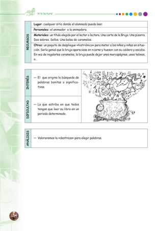 154154
¡A la lectura!
Lugar: cualquier sitio donde el alumnado pueda leer.
Personales: el animador o la animadora.
Materiales: un título elegido por el lector o lectora. Una carta de la Bruja. Una pizarra.
Dos sobres. Sellos. Una bolsa de caramelos.
Otros: un poquito de despliegue «histriónico» para meter a los niños y niñas en situa-
ción. Sería genial que la bruja apareciese en «carne y hueso» con su caldero y escoba.
En vez de regalarles caramelos, la bruja puede dejar unos marcapáginas, unos tebeos,
o…
RECURSOS
— El que origina la búsqueda de
palabras bonitas o significa-
tivas.
— La que estriba en que todos
tengan que leer su libro en un
periodo determinado.
INTERÉSDIFICULTAD
— Valoraremos la «destreza» para elegir palabras.
ANÁLISIS
 