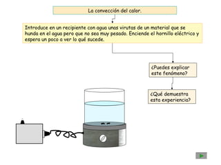 La convección del calor. Introduce en un recipiente con agua unas virutas de un material que se hunda en el agua pero que no sea muy pesado. Enciende el hornillo eléctrico y espera un poco a ver lo qué sucede. ¿Puedes explicar este fenómeno? ¿Qué demuestra esta experiencia? 