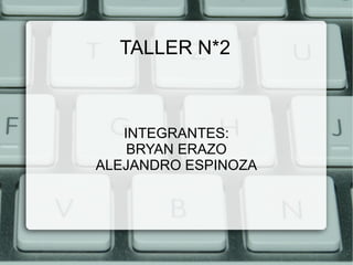 TALLER N*2

INTEGRANTES:
BRYAN ERAZO
ALEJANDRO ESPINOZA

 