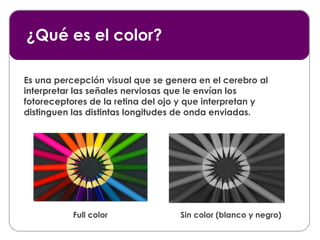 ¿Qué es el color? Es una percepción visual que se genera en el cerebro al interpretar las señales nerviosas que le envían los fotoreceptores de la retina del ojo y que interpretan y distinguen las distintas longitudes de onda enviadas. Full color Sin color (blanco y negro) 