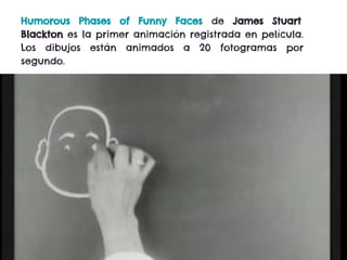 Humorous Phases of Funny Faces de James Stuart
Blackton es la primer animación registrada en película.
Los dibujos están animados a 20 fotogramas por
segundo.
 