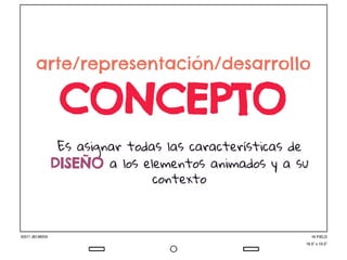 Es asignar todas las características de
DISEÑO a los elementos animados y a su
contexto
arte/representación/desarrollo
CONCEPTO
 