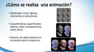 • Modelado: Crear figuras,
elementos y estructuras.
• Características superficiales:
Aplicar, color, transparencia,
entre otros.
• Textura: Se aplica textura en
las partes que lo requieran.
 