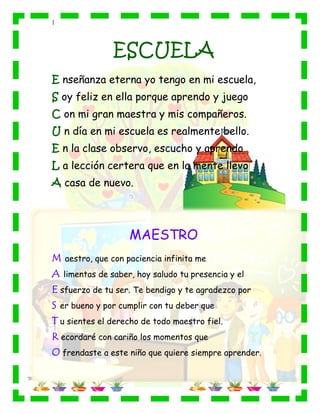 |
ESCUELA
E nseñanza eterna yo tengo en mi escuela,
S oy feliz en ella porque aprendo y juego
C on mi gran maestra y mis compañeros.
U n día en mi escuela es realmente bello.
E n la clase observo, escucho y aprendo
L a lección certera que en la mente llevo
A casa de nuevo.
MAESTRO
M aestro, que con paciencia infinita me
A limentas de saber, hoy saludo tu presencia y el
E sfuerzo de tu ser. Te bendigo y te agradezco por
S er bueno y por cumplir con tu deber que
T u sientes el derecho de todo maestro fiel.
R ecordaré con cariño los momentos que
O frendaste a este niño que quiere siempre aprender.
 