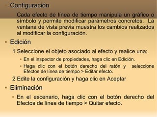 Configuración Cada efecto de línea de tiempo manipula un gráfico o símbolo y permite modificar parámetros concretos.  La ventana de vista previa muestra los cambios realizados al modificar la configuración. Edición 1 Seleccione el objeto asociado al efecto y realice una:  En el inspector de propiedades, haga clic en Edición. Haga clic con el botón derecho del ratón y  seleccione Efectos de línea de tiempo > Editar efecto. 2 Edite la configuración y haga clic en Aceptar Eliminación En el escenario, haga clic con el botón derecho del Efectos de línea de tiempo > Quitar efecto. 