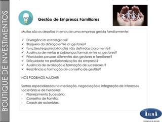 Brasil
Gestão de Empresas Familiares
BOUTIQUEDEINVESTIMENTOS
Muitos são os desafios internos de uma empresa gerida familiarmente:
 Divergências estratégicas?
 Bloqueio do diálogo entre os gestores?
 Funções/responsabilidades não definidas claramente?
 Ausência de metas e cobranças formais entre os gestores?
 Prioridades pessoas diferentes dos gestores e familiares?
 Dificuldade na profissionalização da empresa?
 Ausência de avaliação e formação de sucessores ?
 Resistência a formação de conselho de gestão?
NÓS PODEMOS AJUDAR!
Somos especializados na mediação, negociação e integração de interesses
societários e de herdeiros:
- Planejamento Sucessório;
- Conselho de Família;
- Coach de acionistas;
 