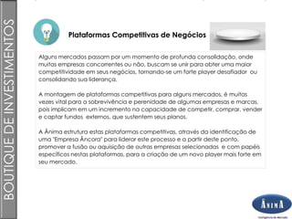Brasil
Plataformas Competitivas de Negócios
BOUTIQUEDEINVESTIMENTOS
Alguns mercados passam por um momento de profunda consolidação, onde
muitas empresas concorrentes ou não, buscam se unir para obter uma maior
competitividade em seus negócios, tornando-se um forte player desafiador ou
consolidando sua liderança.
A montagem de plataformas competitivas para alguns mercados, é muitas
vezes vital para a sobrevivência e perenidade de algumas empresas e marcas,
pois implicam em um incremento na capacidade de competir, comprar, vender
e captar fundos externos, que sustentem seus planos.
A Ânima estrutura estas plataformas competitivas, através da identificação de
uma "Empresa Âncora" para liderar este processo e a partir deste ponto,
promover a fusão ou aquisição de outras empresas selecionadas e com papéis
específicos nestas plataformas, para a criação de um novo player mais forte em
seu mercado.
 