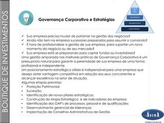 Brasil
Governança Corporativa e Estratégias
BOUTIQUEDEINVESTIMENTOS
 Sua empresa precisa mudar de patamar na gestão dos n...