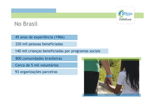 No Brasil

45 anos de experiência (1966)
220 mil pessoas beneficiadas
140 mil crianças beneficiadas por programas sociais

800 comunidades brasileiras
Cerca de 5 mil voluntários
93 organizações parceiras
 