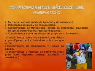  Formación cultural suficiente (general y de animación).
 Habilidades sociales y de comunicación.
 Conocimientos de Metodología (estilos de enseñanza, educación
  en temas transversales, recursos didácticos).
 Conocimientos sobre las etapas del grupo en su formación.
Conocimientos sobre las características físicas
y psicológicas de los individuos sobre los que
actúa.
Conocimientos de planificación y trabajo en
equipo.
Conocimientos y recursos de diferentes áreas
(aire libre, deportes, juegos, expresión y
creatividad).
 